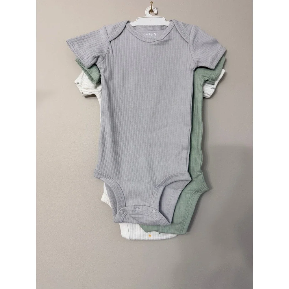 Carter's Bodysuit 3-Pack Baby 9M Grey Green White‎ Star Moon Ribbed NWT